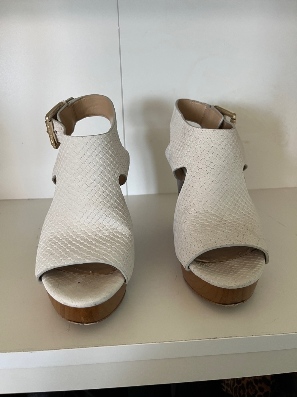 Michael Kors Cream Textured Peep-Toe Platform Wedge Sandals